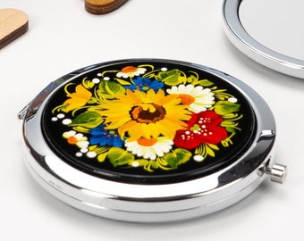 Ukrainian Hand Painted Compact Mirror, Flower Jewelry Pocket Mirror, Small Purse Makeup Handmade Cosmetic Petrykivka Gift Ukraine Shop, S221