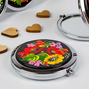 Ukrainian Hand Painted Pocket Mirror, Small Purse Makeup Mirror, Handmade Cosmetic Flower Jewelry Compact Petrykivka Gift Ukraine Shop, S162 image 1