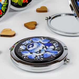 Ukrainian Hand Painted Compact Mirror, Handmade Cosmetic Mirror, Flower Jewelry Pocket Small Purse Makeup Petrykivka Gift Ukraine Shop, S022