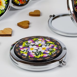 Miroir compact peint à la main ukrainien, miroir de poche pour bijoux fleuris, petit sac à main, cadeau cosmétique fait main maquillage Petrykivka, boutique Ukraine, S072