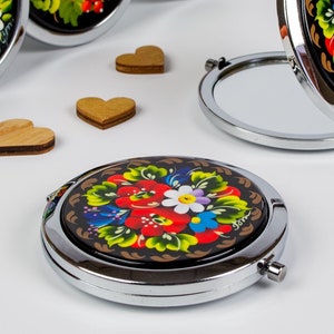 Ukrainian Hand Painted Compact Mirror, Handmade Cosmetic Mirror, Flower Jewelry Small Purse Makeup Pocket Petrykivka Gift Ukraine Shop, S071