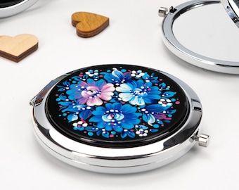 Ukrainian Hand Painted Compact Mirror, Handmade Cosmetic Mirror, Flower Jewelry Makeup Pocket Small Purse Petrykivka Gift Ukraine Shop, S211