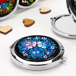 Miroir compact peint à la main ukrainien, miroir cosmétique fait main, petit sac à main de poche de maquillage de bijoux de fleur Petrykivka cadeau boutique Ukraine, S211