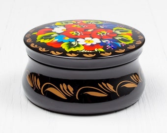 Ukrainian Small Decorative Box, Trinket Ring Box, Hand Painted Jewelry Box, Unique Handmade Lacquer Box, Petrykivka Gift Ukraine Shop, S071