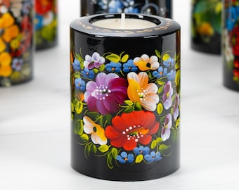 Ukrainian Hand Painted Tea Light Candle Holder, Tealight Christmas Candle Holder, Candlestick Holder, Petrykivka Gift Ukraine Seller, S041