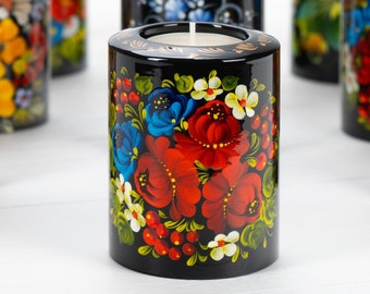 Ukrainian Hand Painted Tea Light Candle Holder, Christmas Candle Holder, Tealight Candlestick Holder, Petrykivka Gift Ukraine Seller, S012