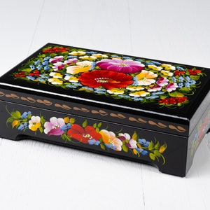 Ukrainian Lacquer Box, Handmade Decorative Casket Box, Hand Painted Unique Large Trinket Jewelry Box, Petrykivka Gift Ukraine Shop, S041 image 1