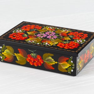 Ukrainian Hand Painted Decorative Box, Unique Lacquer Box, Handmade Rectangular Trinket Jewelry Casket, Petrykivka Gift Ukraine Shop, S171 image 1