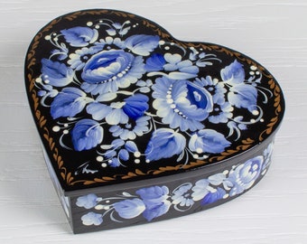 Ukrainian Hand Painted Heart Jewelry Box, Large Jewelry Box, Lacquer Trinket Jewelry Box, Decorative Box, Petrykivka Gift Ukraine Shop, S022