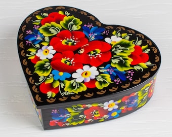 Ukrainian Hand Painted Heart Jewelry Box, Large Jewelry Box, Trinket Jewelry Box, Lacquer Decorative Box, Petrykivka Gift Ukraine Shop, S071