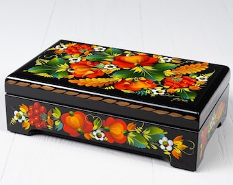 Ukrainian Large Handmade Trinket Jewelry Box, Unique Decorative Casket Box, Hand Painted Lacquer Box, Petrykivka Gift Ukraine Shop, S032