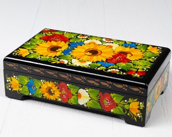 Ukrainian Lacquer Box, Handmade Decorative Casket Box, Hand Painted Unique Large Trinket Jewelry Box, Petrykivka Gift Ukraine Shop, S221