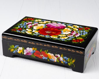 Ukrainian Lacquer Box, Handmade Decorative Casket Box, Hand Painted Unique Large Trinket Jewelry Box, Petrykivka Gift Ukraine Shop, S041