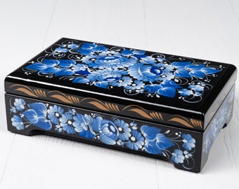 Ukrainian Large Jewelry Box, Hand Painted Lacquer Box, Handmade Unique Trinket Decorative Box Casket, Petrykivka Gift Ukraine Shop, S022