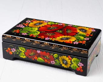 Ukrainian Large Jewelry Box, Hand Painted Lacquer Box, Handmade Decorative Casket, Unique Trinket Box, Petrykivka Gift Ukraine Shop, S162