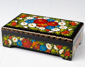 Ukrainian Large Jewelry Box, Hand Painted Lacquer Box, Handmade Unique Trinket Decorative Box Casket, Petrykivka Gift Ukraine Shop, S121