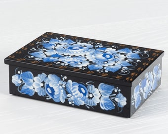 Ukrainian Rectangular Jewelry Box, Hand Painted Lacquer Box, Handmade Unique Trinket Decorative Casket, Petrykivka Gift Ukraine Shop, S022