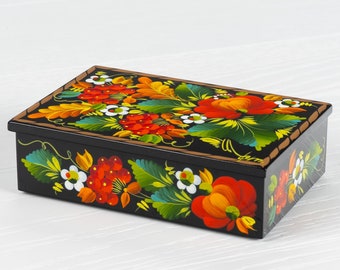 Ukrainian Rectangular Handmade Trinket Jewelry Box, Unique Decorative Casket, Hand Painted Lacquer Box, Petrykivka Gift Ukraine Shop, S032