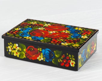 Ukrainian Rectangular Jewelry Box, Hand Painted Lacquer Box, Handmade Unique Decorative Trinket Casket, Petrykivka Gift Ukraine Shop, S012
