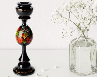 Ukrainian Wooden Candle Holder Hand Painted, Tall Black Candlestick Holder, Handmade Table Home Decor, Petrykivka Gift Ukraine Shop, S171