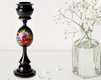 Ukrainian Hand Painted Candlestick Holder, Black Candle Holder, Handmade Tall Wooden Table Home Decor, Petrykivka Gift Ukraine Shop, S041