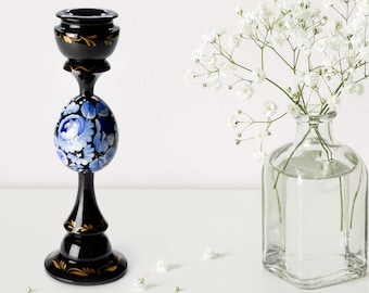 Ukrainian Hand Painted Wooden Candlestick Holder, Handmade Tall Black Candle Holder, Table Home Decor, Petrykivka Gift Ukraine Shop, S022