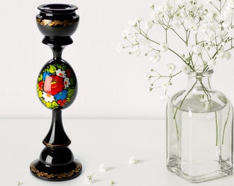 Ukrainian Hand Painted Wooden Candle Stick Holder, Handmade Black Tall Candle Holder, Table Home Decor, Petrykivka Gift Ukraine Shop, S121