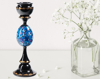 Ukrainian Hand Painted Wooden Candlestick Holder, Handmade Tall Black Candle Holder, Table Home Decor, Petrykivka Gift Ukraine Shop, S211