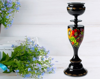 Ukrainian Tall Hand Painted Wooden Candle Stick Holder, Handmade Black Candle Holder, Table Home Decor, Petrykivka Gift Ukraine Shop, S162