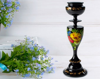Ukrainian Hand Painted Candlestick Holder, Tall Wooden Black Candle Holder, Handmade Table Home Decor, Petrykivka Gift Ukraine Shop, S221