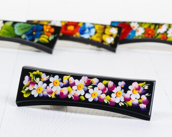 Wooden Barrette • Petrykivka Flower Painting • Handmade in Ukraine • S072