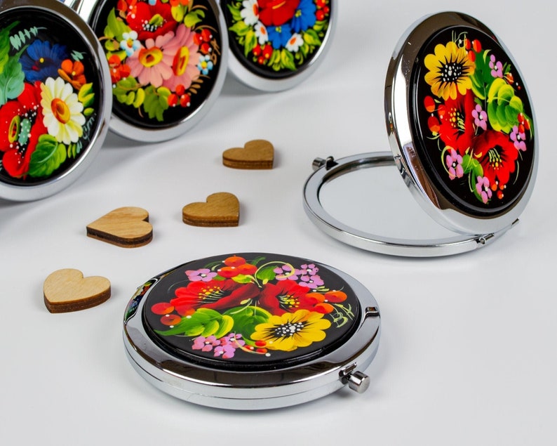 Ukrainian Hand Painted Pocket Mirror, Small Purse Makeup Mirror, Handmade Cosmetic Flower Jewelry Compact Petrykivka Gift Ukraine Shop, S162 image 1