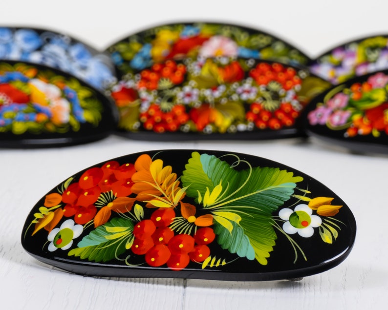 Ukrainian Hand Painted Hair Barrette For Woman, French Barrette, Handmade Accessories, Wooden Hair Clip, Petrykivka Gift Ukraine Shop, S032 