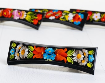 Ukrainian Hand Painted Hair Barrette For Woman, Wooden Clip, France Hair Barrette, Handmade Accessories, Petrykivka Gift Ukraine Shop, S181