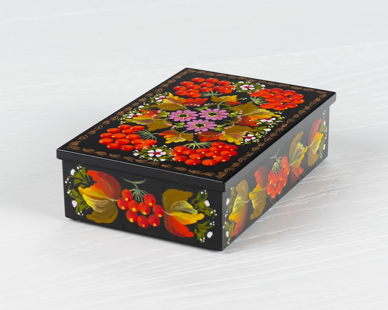 Ukrainian Hand Painted Decorative Box, Unique Lacquer Box, Handmade Rectangular Trinket Jewelry Casket, Petrykivka Gift Ukraine Shop, S171 image 3