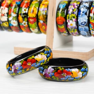 Ukrainian Hand Painted Wooden Bracelet, Handmade Flower Jewelry Bangle, Floral Bangle Bracelet For Women, Petrykivka Gift Ukraine Shop, S041