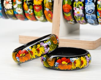 Ukrainian Hand Painted Wooden Bangle Bracelet, Handmade Flower Jewelry Bangle, Floral Bracelet For Women, Petrykivka Gift Ukraine Shop, S101