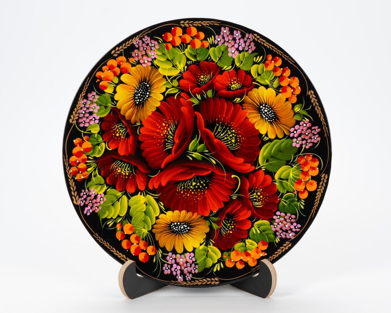 Ukrainian Hand Painted Decorative Petrykivka Plate, Handmade Floral Hanging Plate, Wooden Wall Decor Plate, Gift Ukraine Shop, S162 image 1