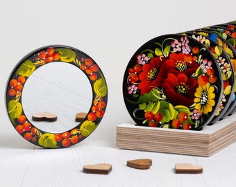 Ukrainian Cosmetic Mirror, Compact Unique Handmade Flower Jewelry Pocket Mirror, Small Purse Makeup Mirror, Petrykivka Gift Shop, S162