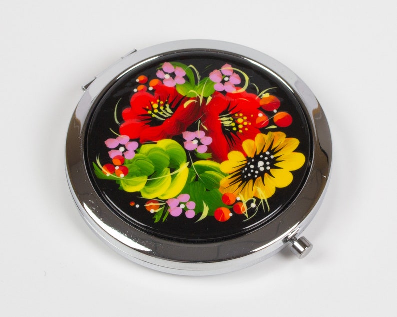 Ukrainian Hand Painted Pocket Mirror, Small Purse Makeup Mirror, Handmade Cosmetic Flower Jewelry Compact Petrykivka Gift Ukraine Shop, S162 image 2