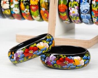 Ukrainian Hand Painted Wooden Bracelet, Handmade Flower Jewelry Bangle, Floral Bangle Bracelet For Women, Petrykivka Gift Ukraine Shop, S041