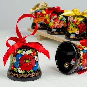Ukrainian Christmas Tree Decor Jingle Bell, Hand Painted Decorative Ornament, Wooden Bell, Petrykivka Handmade Gift, Ukraine Seller, S121
