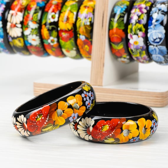 Handmade Floral Bangle • Ukrainian Petrykivka Wood Bracelet • S131