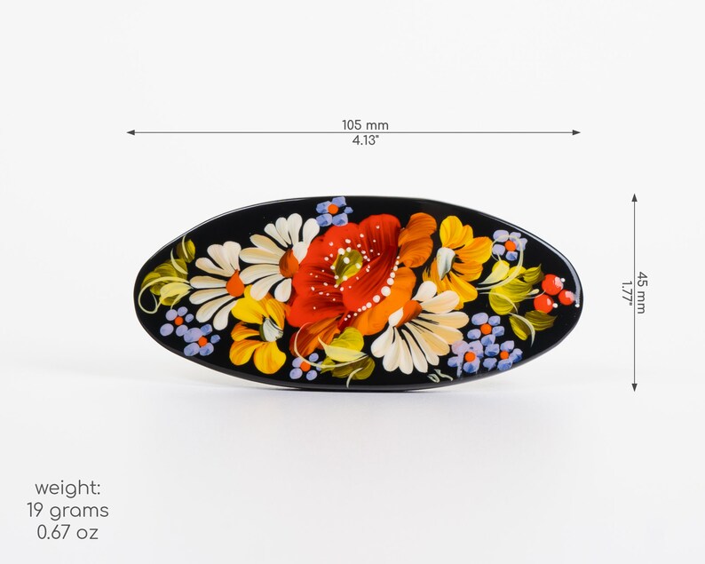 Ukrainian Hand Painted Hair Barrette For Woman, French Barrette, Wooden Accessories, Handmade Hair Clip, Petrykivka Gift Ukraine Shop, S131 image 6