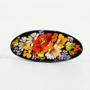 Ukrainian Hand Painted Hair Barrette For Woman, French Barrette, Wooden Accessories, Handmade Hair Clip, Petrykivka Gift Ukraine Shop, S131 image 3