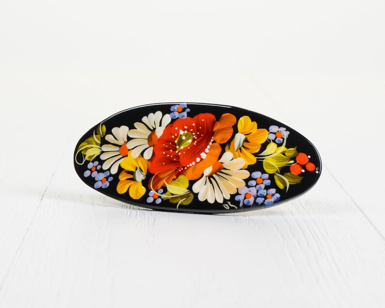 Ukrainian Hand Painted Hair Barrette For Woman, French Barrette, Wooden Accessories, Handmade Hair Clip, Petrykivka Gift Ukraine Shop, S131 image 3