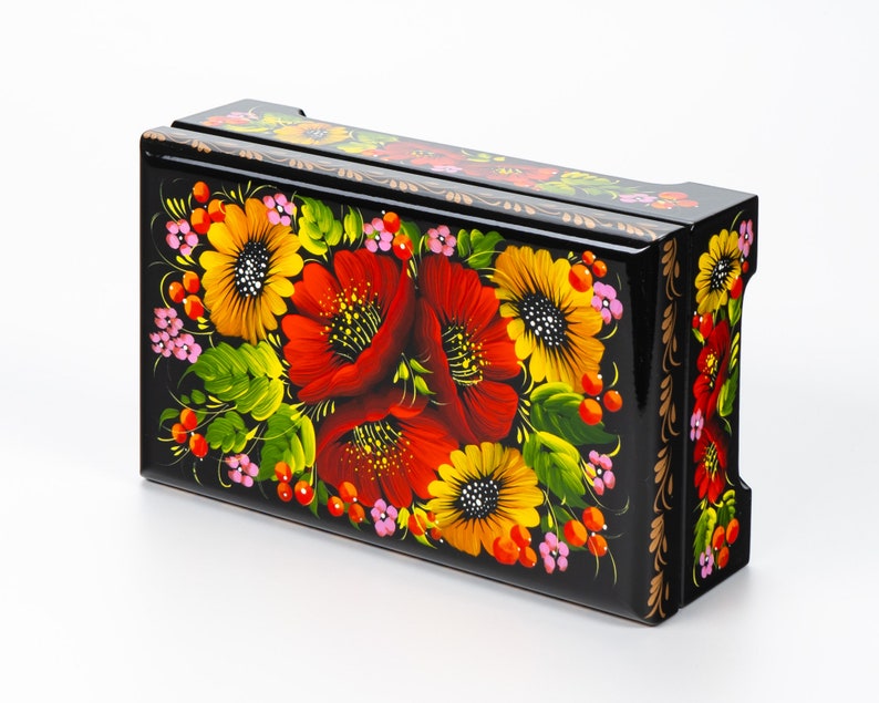 Ukrainian Large Jewelry Box, Hand Painted Lacquer Box, Handmade Decorative Casket, Unique Trinket Box, Petrykivka Gift Ukraine Shop, S162 image 7