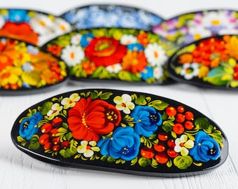 French Barrette • Hand Painted Petrykivka Floral • Made in Ukraine • S012