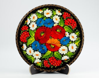 Ukrainian Decorative Hand Painted Petrykivka Plate, Floral Handmade Hanging Plate, Wooden Wall Decor Plate, Gift Ukraine Shop, S121