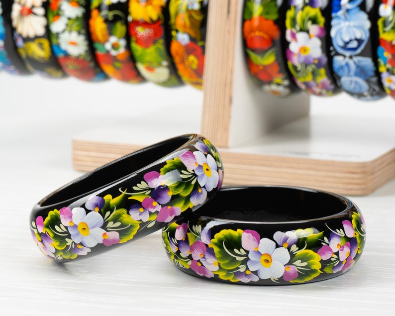 Ukrainian Hand Painted Wooden Bangle, Floral Bangle Bracelet For Women, Flower Jewelry Handmade Bracelet, Petrykivka Gift Ukraine Shop, S072 